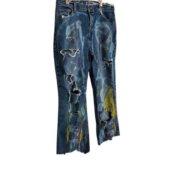 Old Navy Denim Distressed Painting Stretch Bootcut Jeans Blue Size 14 Short - Picture 3 of 8